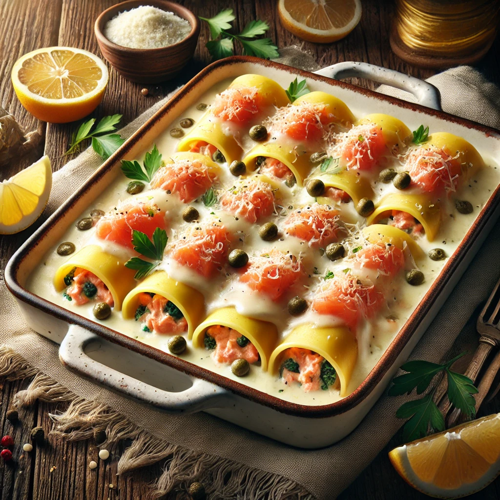 Ricottás, kapribogyós lazaccal töltött cannelloni tejszínes szósszal