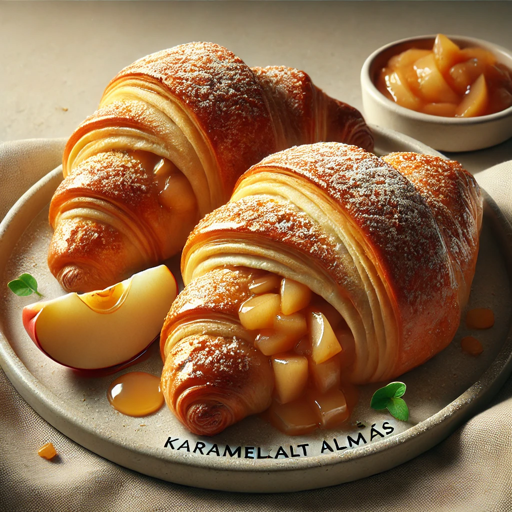 Frissen sült házi karamellizált almás croissant, tökéletes reggelire