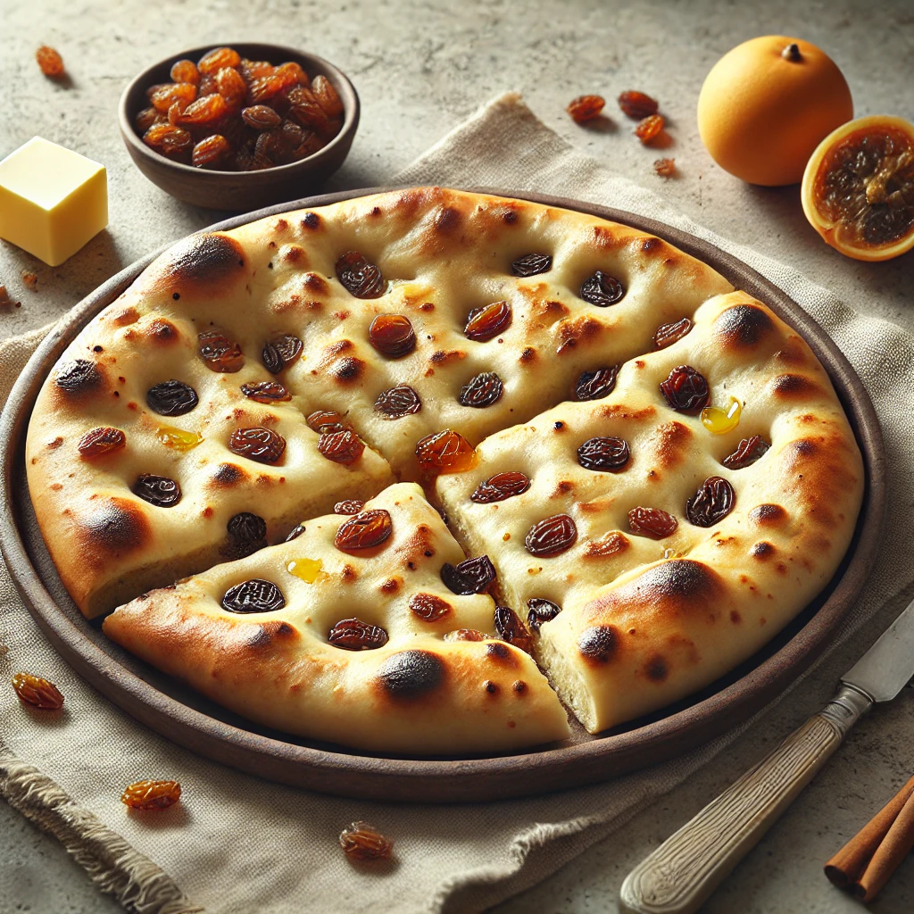 Édes naan kenyér vajas felülettel, mazsolás töltelékkel