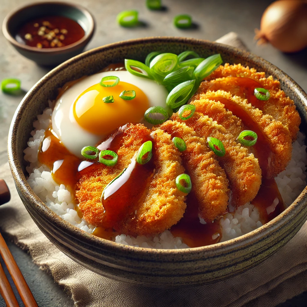 Ropogós japán rántott sertéshúsos rizs hagymás-tojásos szósszal