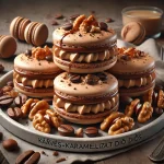 Kávés-karamellizált diós macaronok tálalva