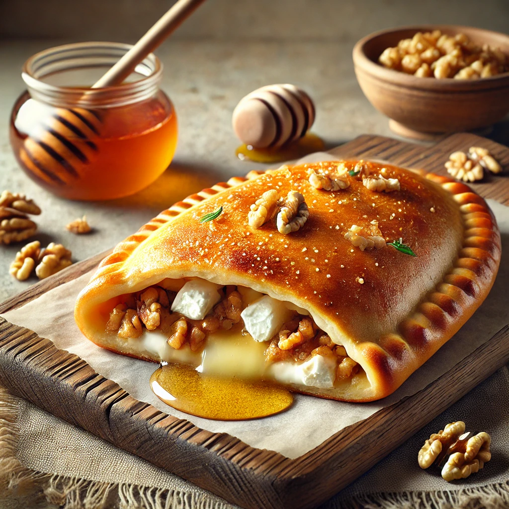 Kecskesajttal, pirított dióval és mézzel töltött, ropogós calzone