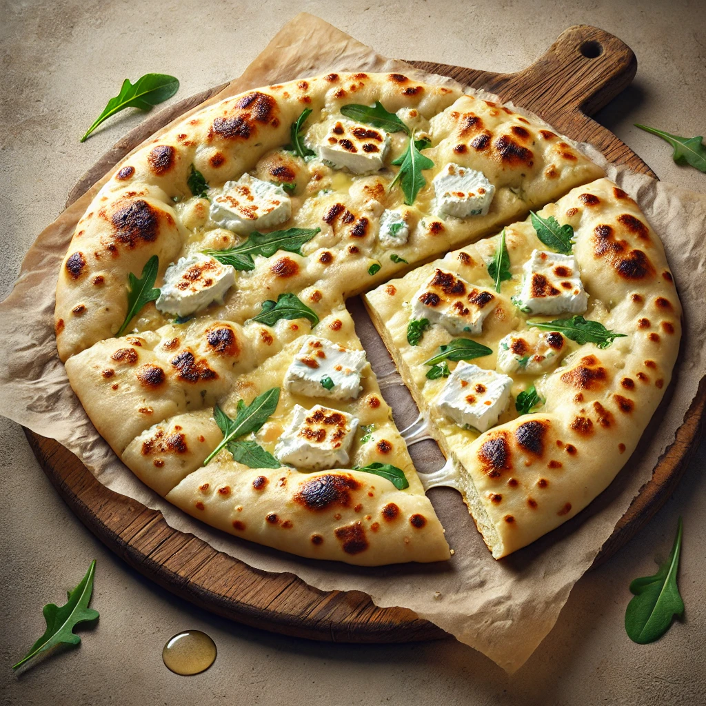 Sajtos naan kenyér friss rukkolával, rusztikus stílusban