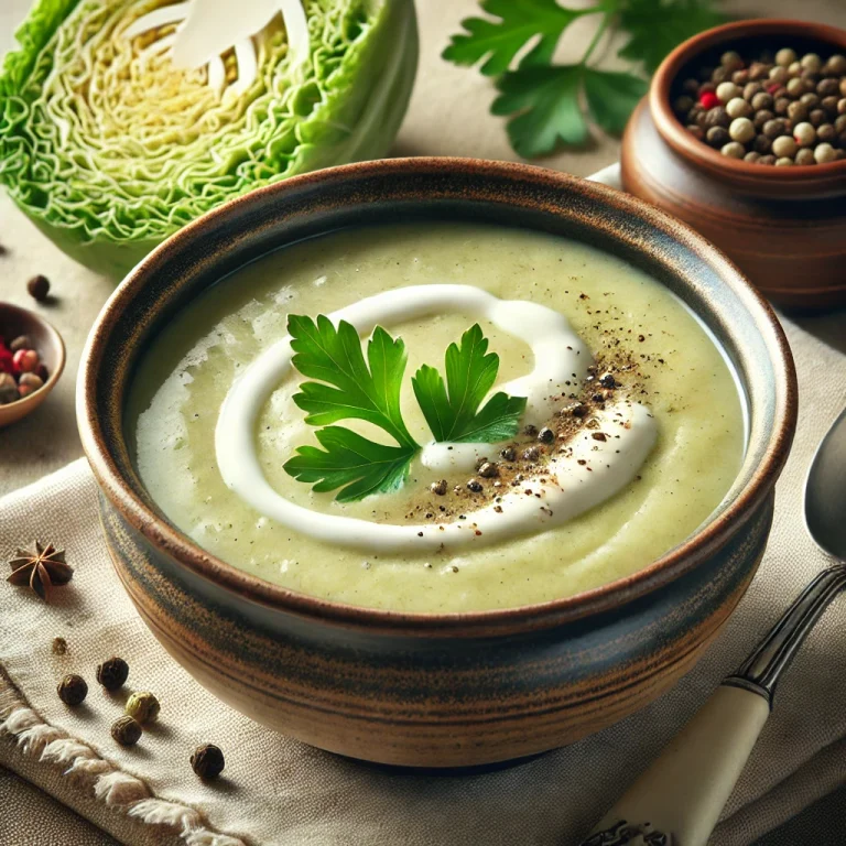 Krémes kelkáposztakrémleves tálalva