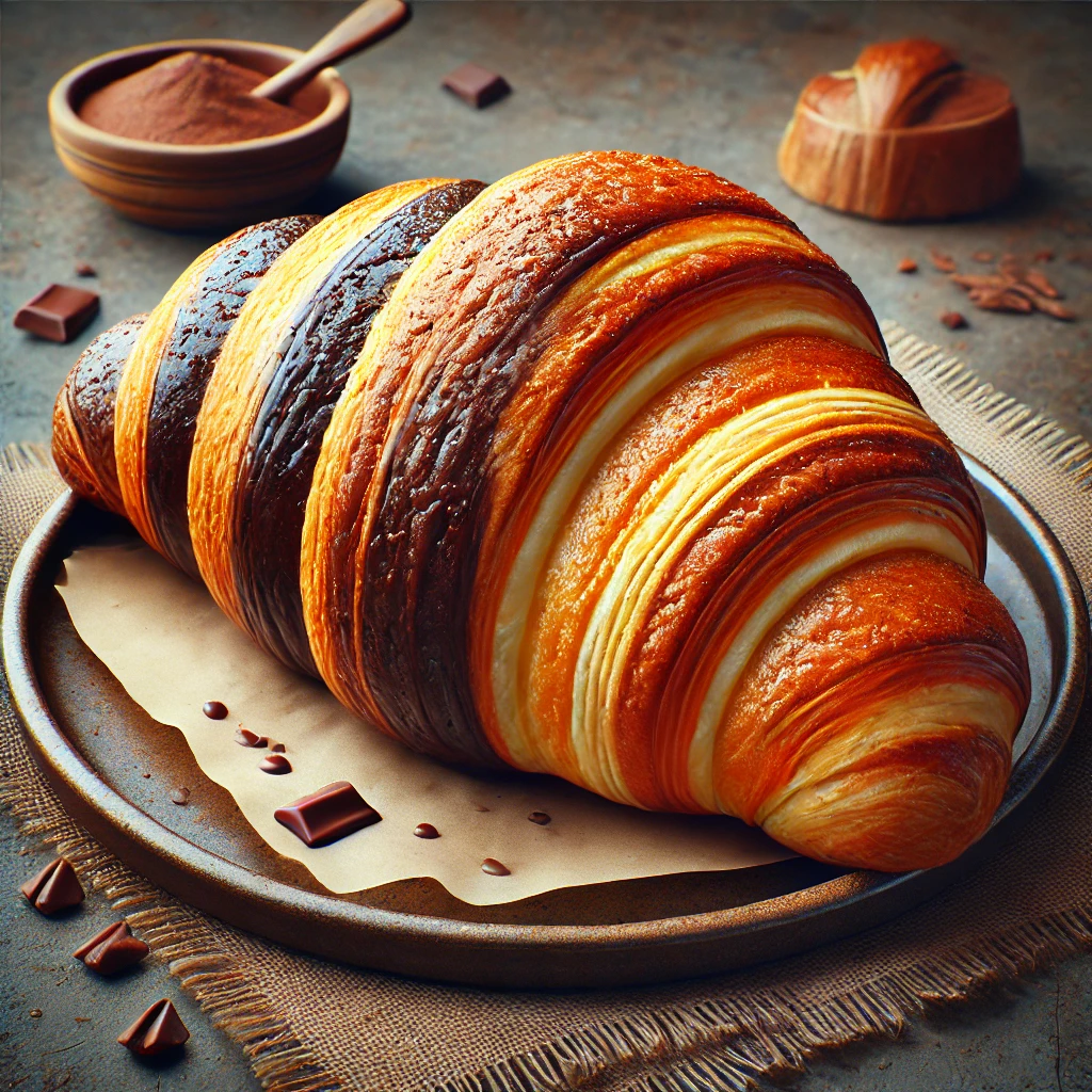 Kakaós és világos tésztából készült, aranybarna croissant