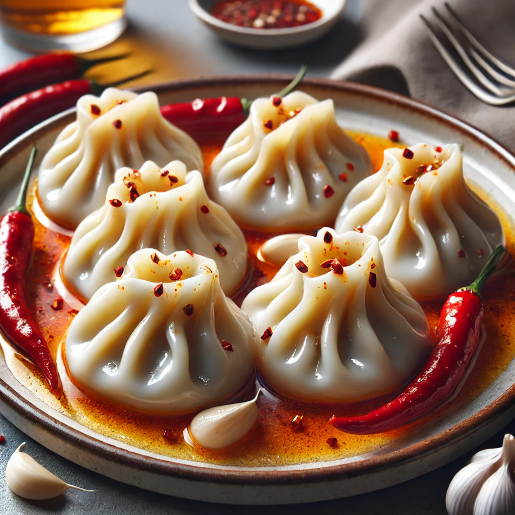 Főtt jiaozi gombócok szezámos chilis öntetben, tálalva hagyományos kínai stílusban