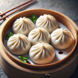 Házi készítésű baozi sertéshúsos töltelékkel, puha gőzölt tésztában