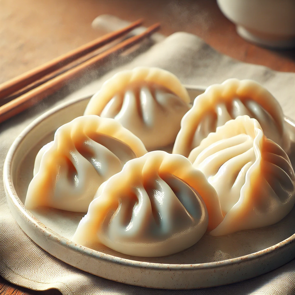 Tradicionális kínai jiaozi főtt változata, tálalva szójaszósszal