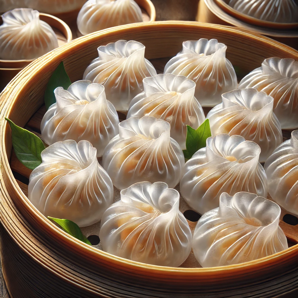 Dim sum har gow rákos töltelékkel, áttetsző tésztában, autentikus kínai tálalásban