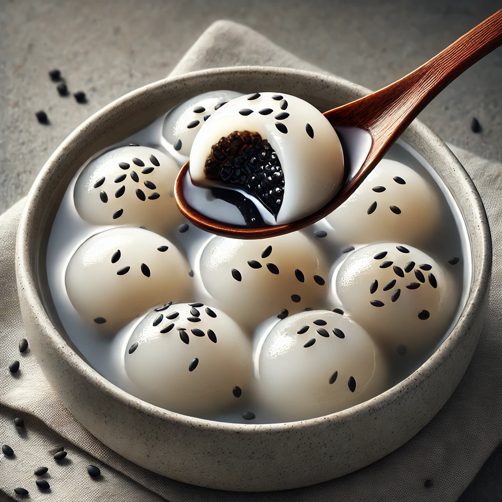 Fehér rizsgombócok édes szezámmagos töltelékkel, kínai tang yuan stílusban tálalva