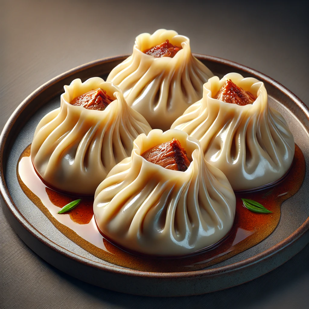 Jiaozi gombócok kacsahússal és hoisin szósszal töltve, főtt tálalásban