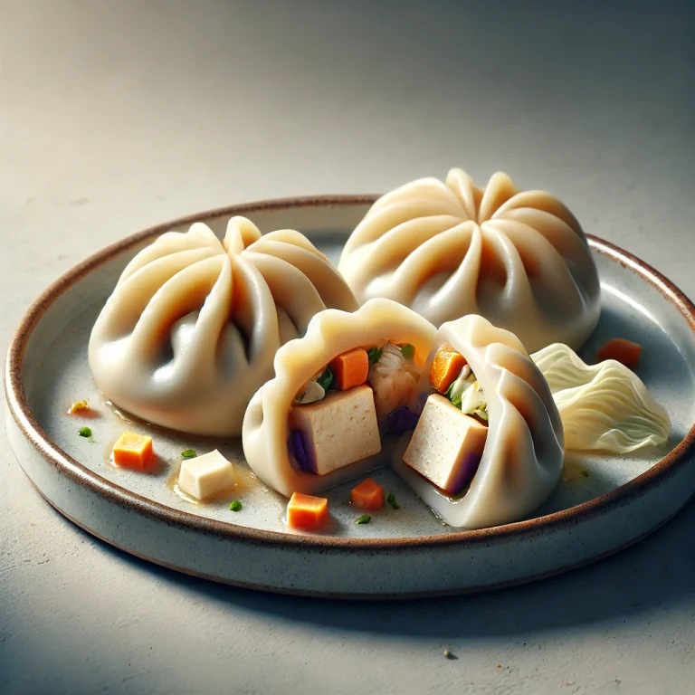 Kínai tofus jiaozi főzve, porcelántányéron tálalva, töltelék látható