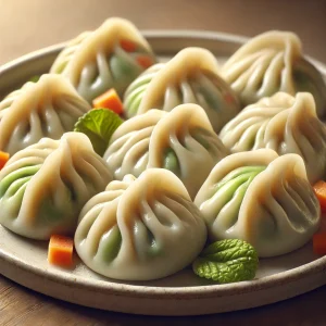 Zöldséges jiaozi gombócok házi tésztából, főzve, tálalva szójaszósszal