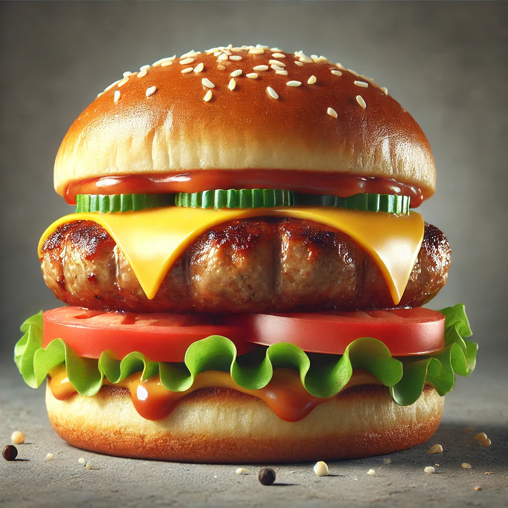 Fűszeres kolbászból készült hamburger cheddar sajttal