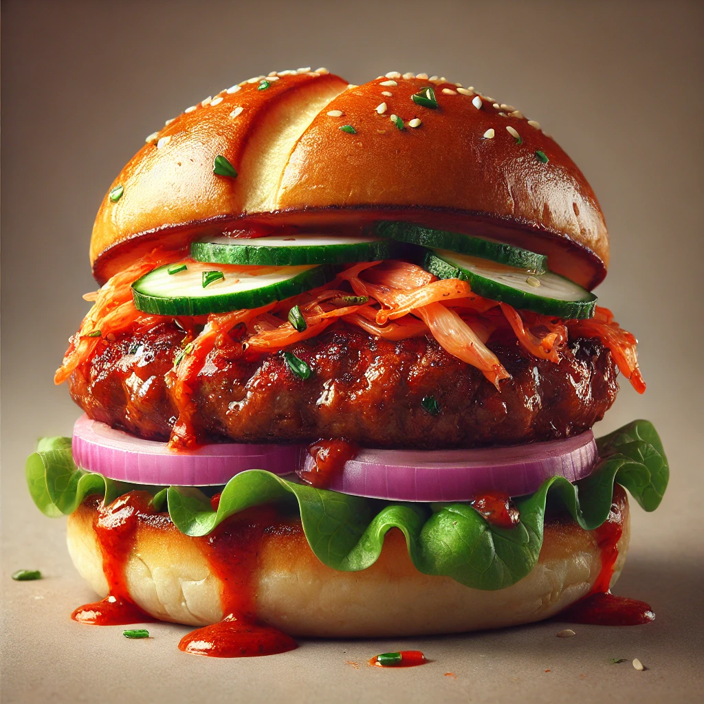 Házi készítésű, gochujang mázas és kimchis ázsiai hamburger