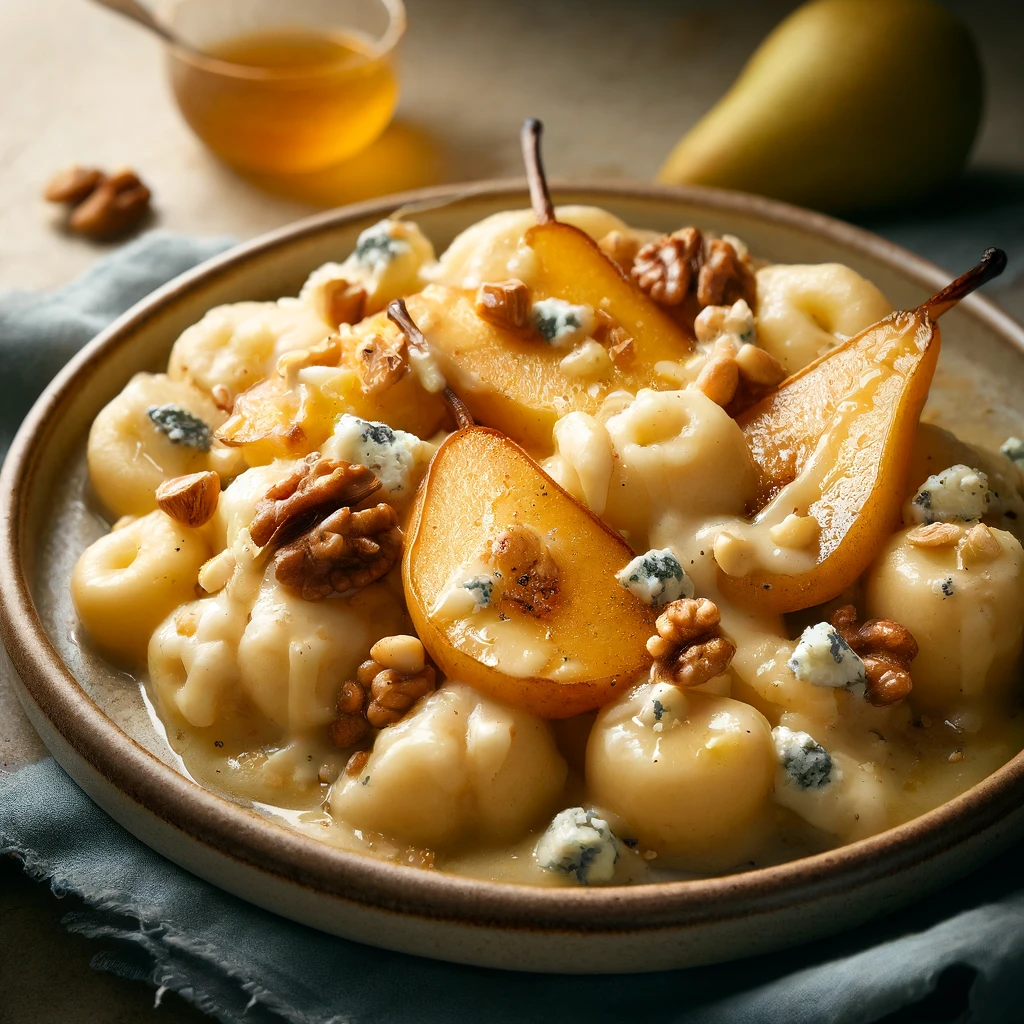 Krémes gnocchi karamellizált körtével, gorgonzolával és dióval