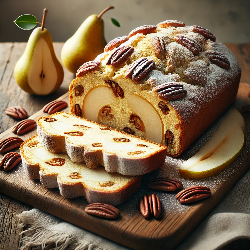 Házi készítésű körtés-pekándiós stollen szeletelve, rusztikus tálalásban
