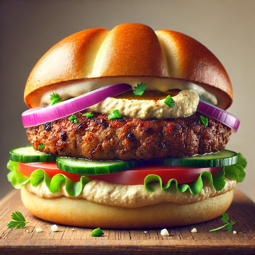 Házi készítésű, római köményes húspogácsával, hummusszal és tahinivel készült közel-keleti burger