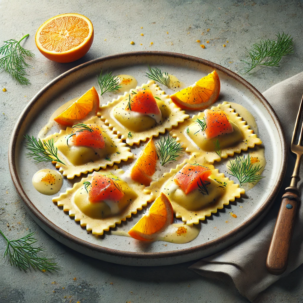 Füstölt lazaccal és narancsos ricottával töltött házi ravioli