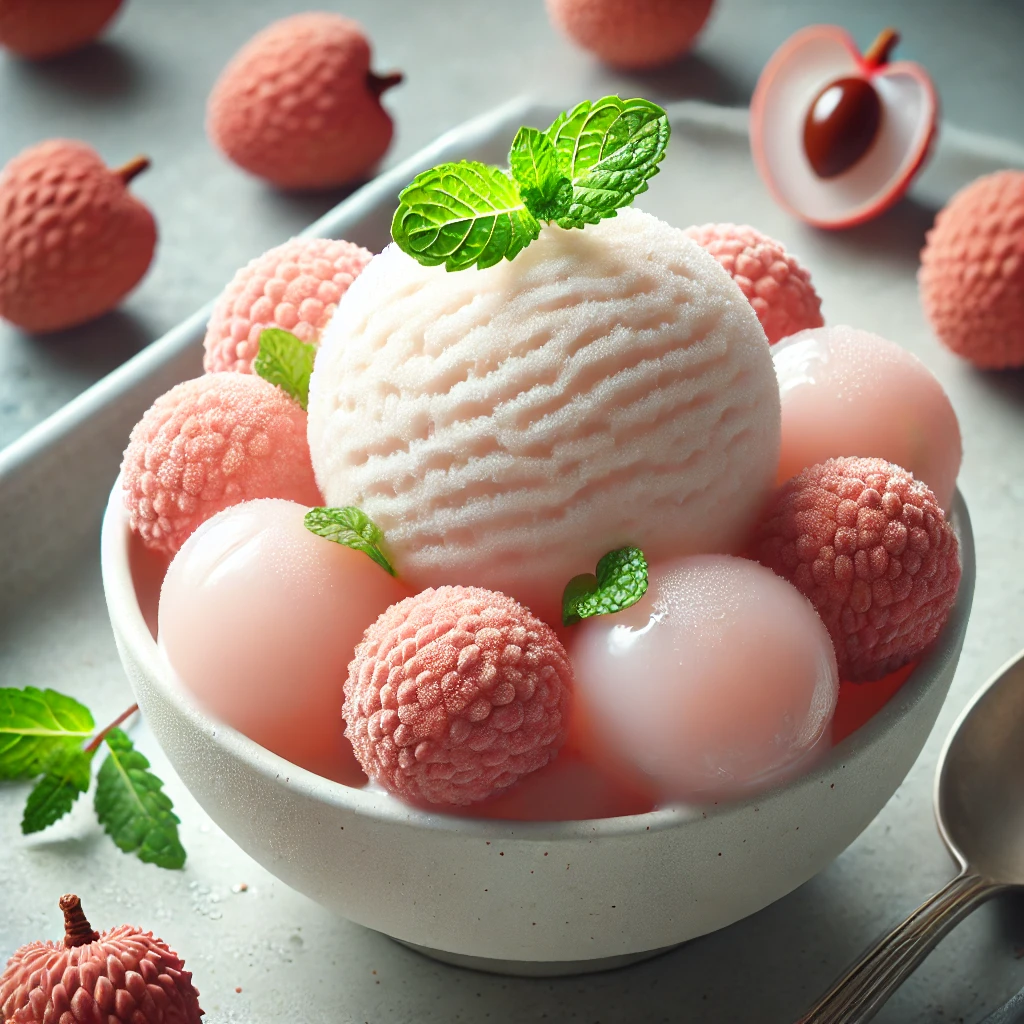 Friss és gyümölcsös házi készítésű licsi sorbet