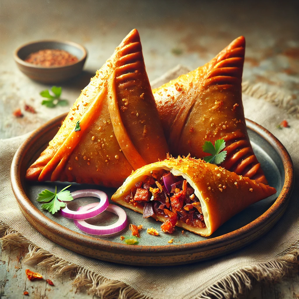 Samosa lilahagymás-szalonnás töltelékkel