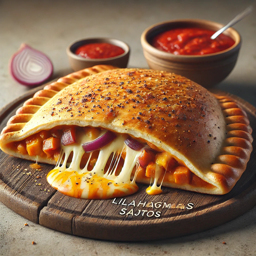 Sajttal és karamellizált lilahagymával töltött, ropogós calzone