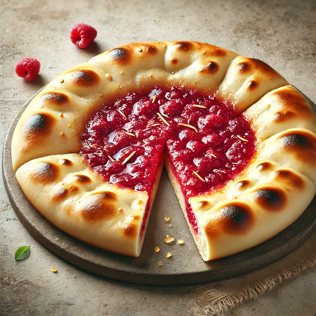Puha naan málna töltelékkel, olvasztott vajjal megkenve, aranybarnára sütve
