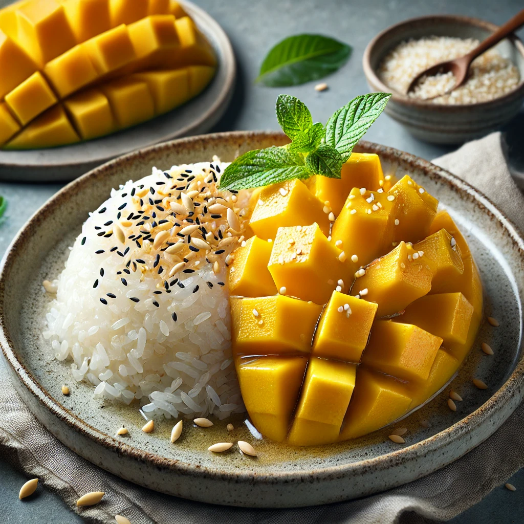 Krémes és édes mangós ragacsos rizs tradicionális thai desszertként