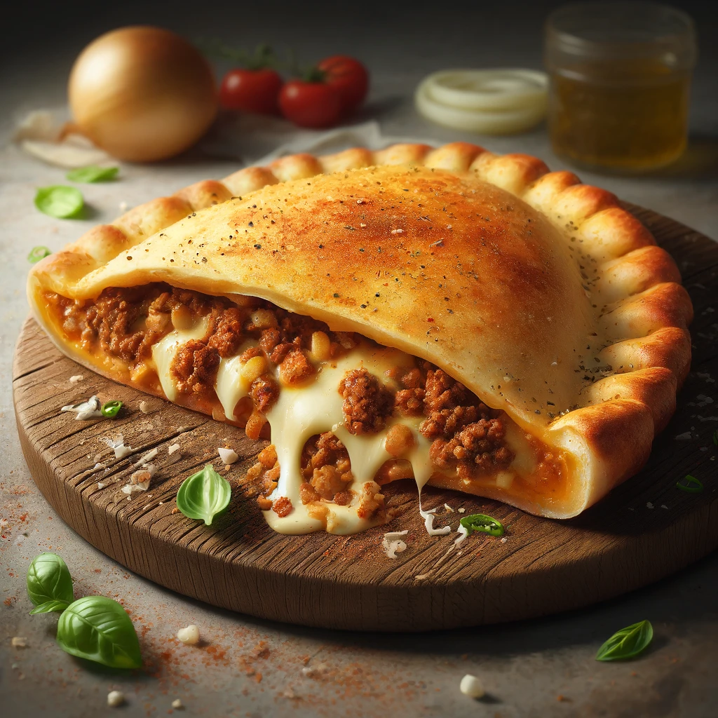 Laktató, darált marhahússal és sajttal töltött calzone