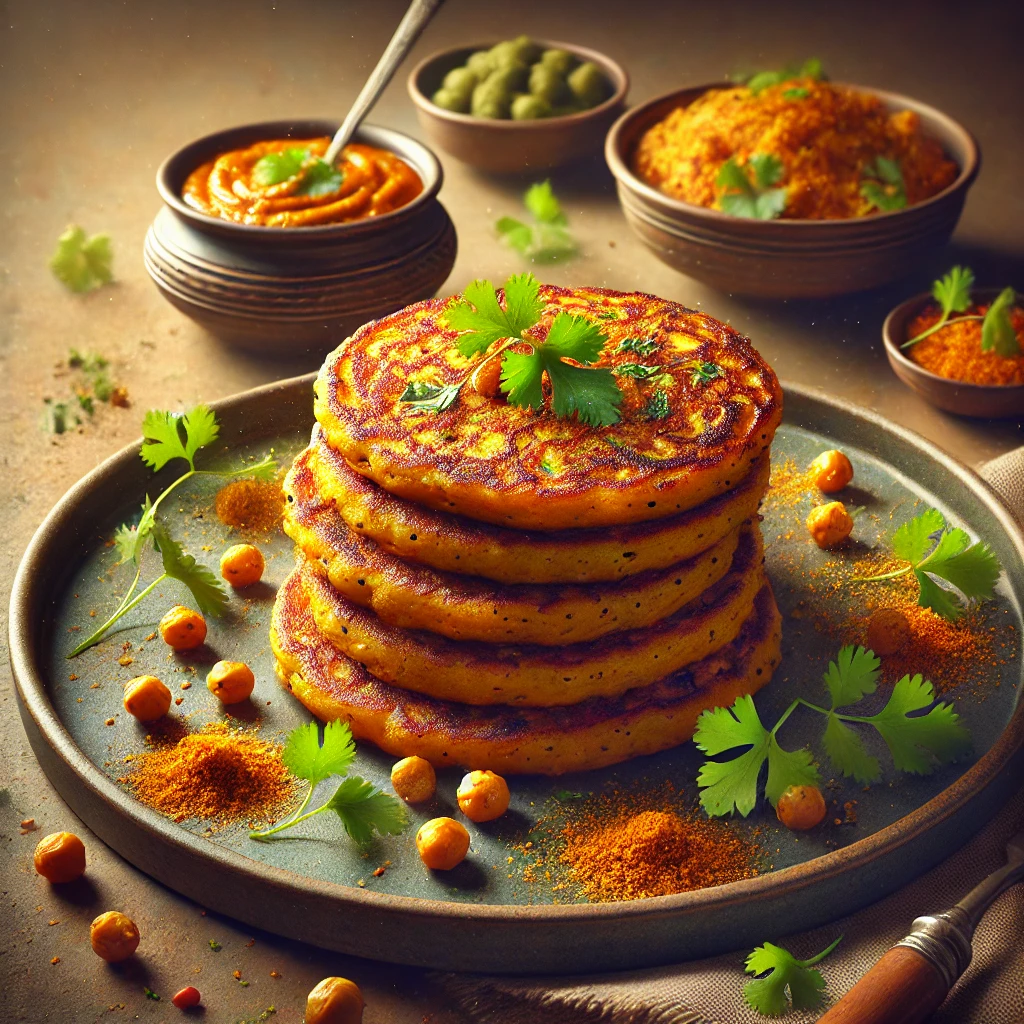 Fűszeres csicseriborsólisztes palacsinta chutney-val tálalva