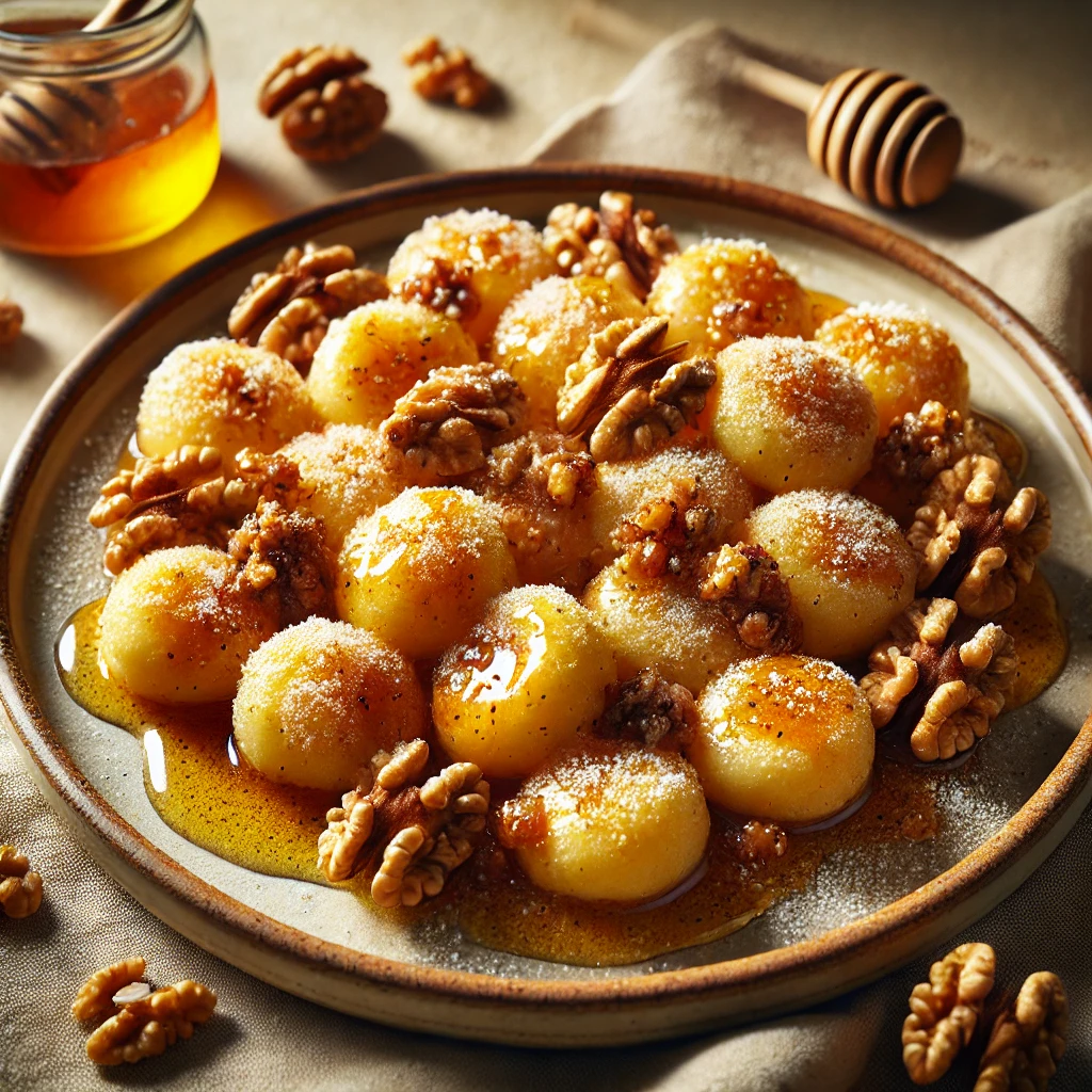 Édes gnocchi recept mézes-mártással és pirított dióval