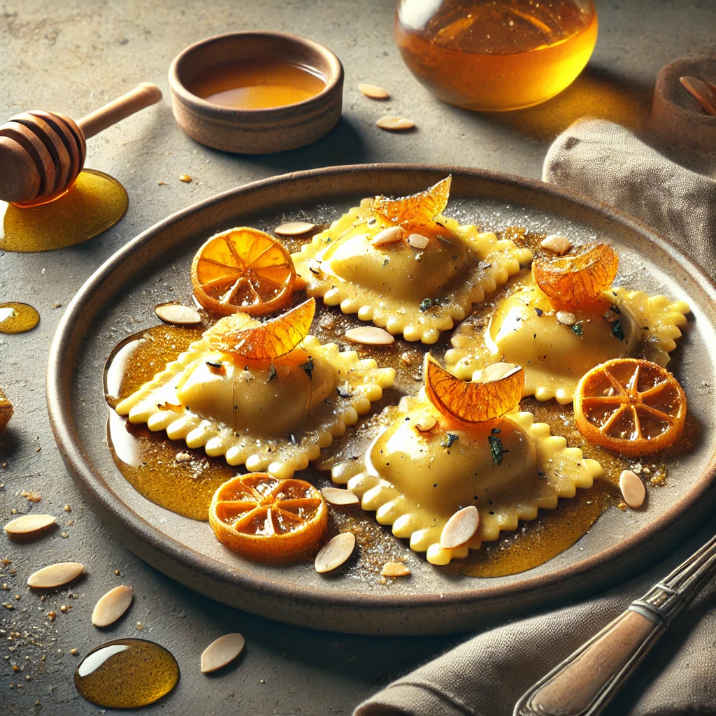 Krémes, mézes-narancshéjas ravioli mascarponéval és pirított mandulával