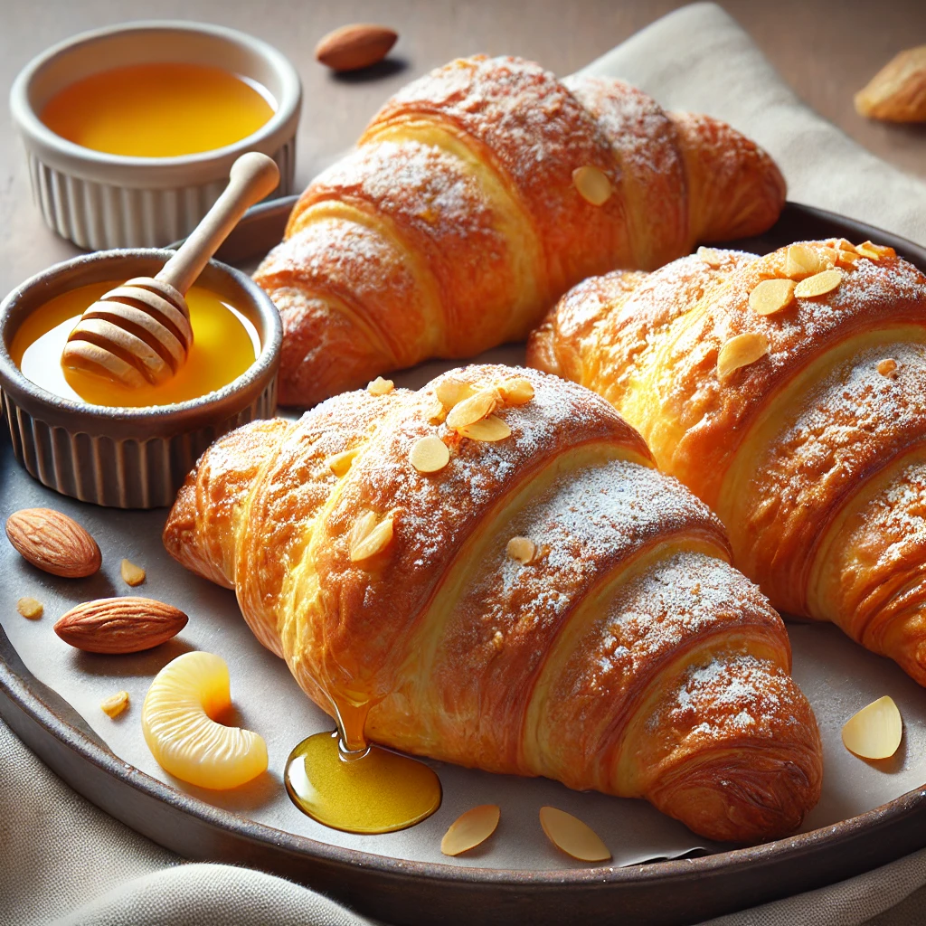 Frissen sült házi mézes-mandulás croissant, tökéletes reggelire