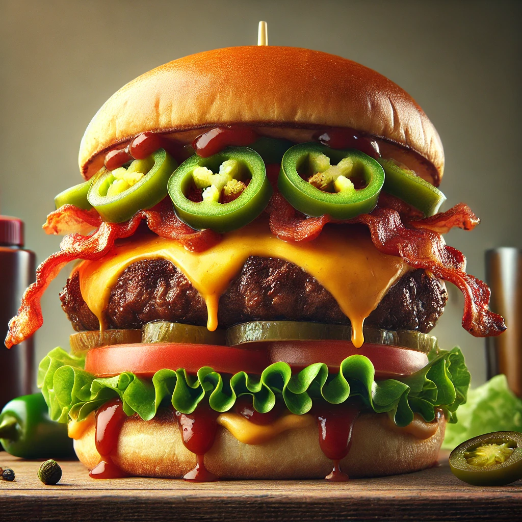 Házi készítésű, gazdagon töltött hamburger baconnel és sajttal