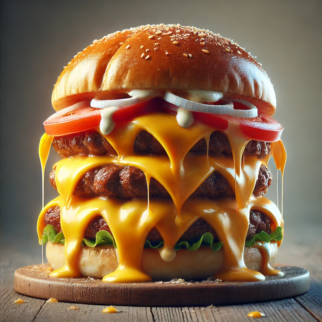 Házi hamburger szaftos marhahússal és háromféle sajttal