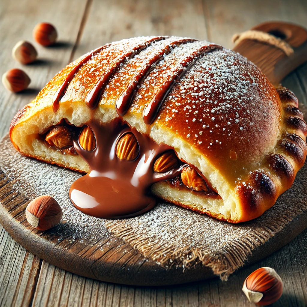 Csokoládéval és mogyorókrémmel töltött, ropogós calzone