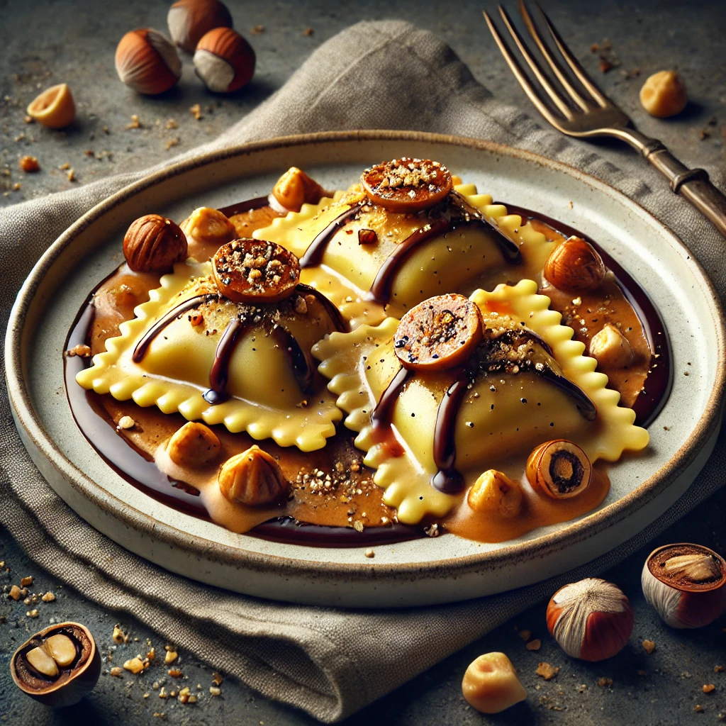 Krémes, mogyorós-karamellás ravioli mascarponéval és csokoládéöntettel