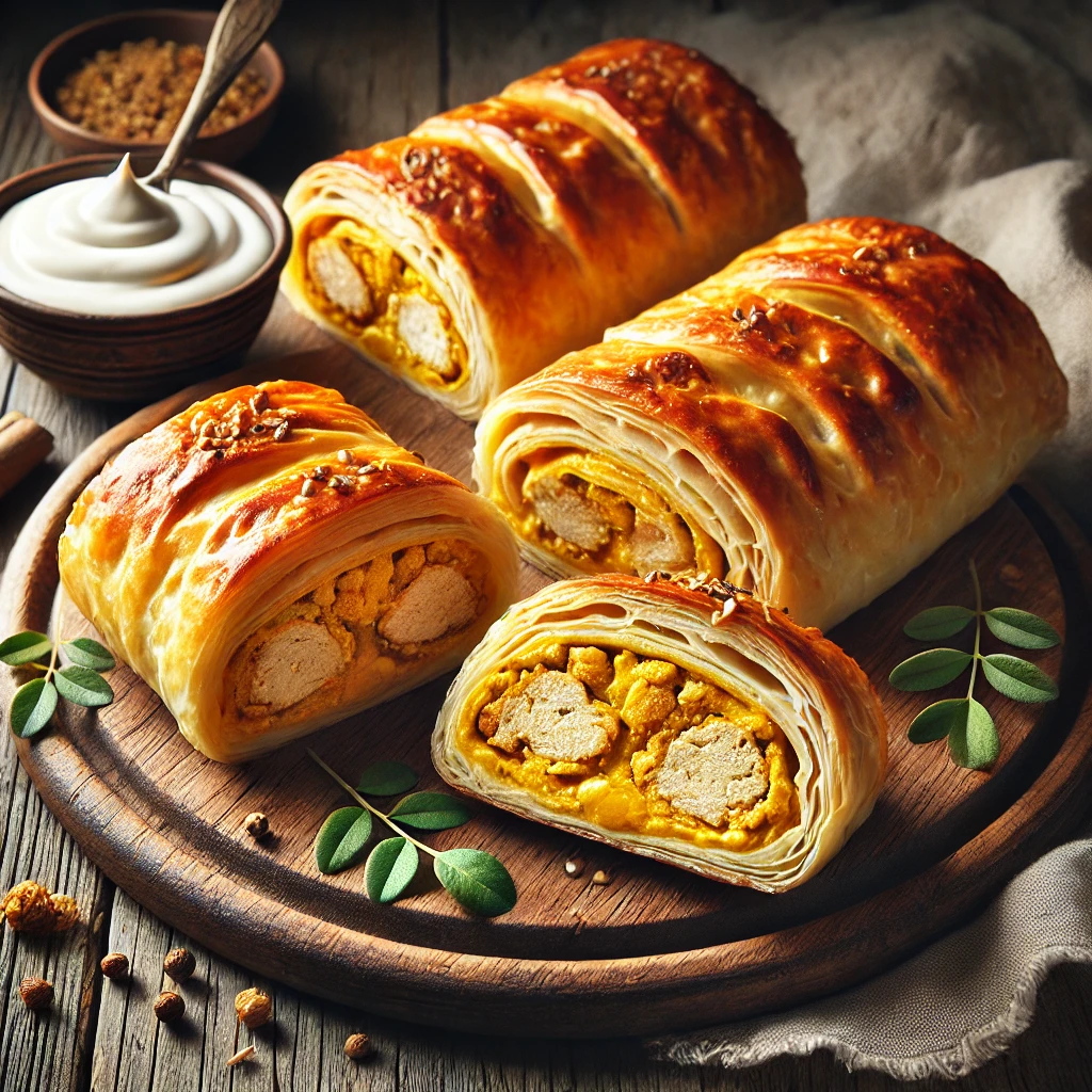 Szaftos csirkés burek ropogós réteslapba tekerve