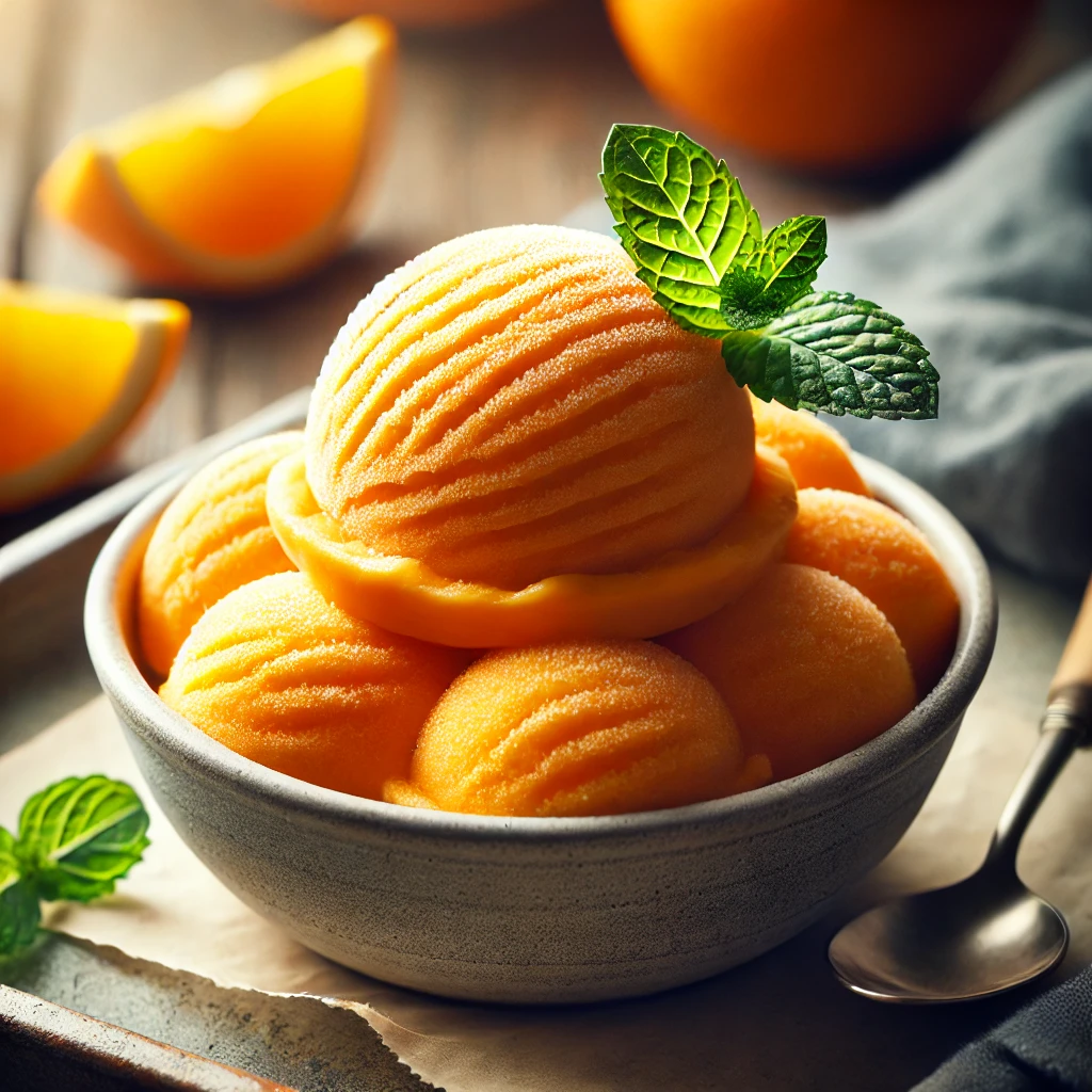 Friss és savanykás házi készítésű narancs sorbet