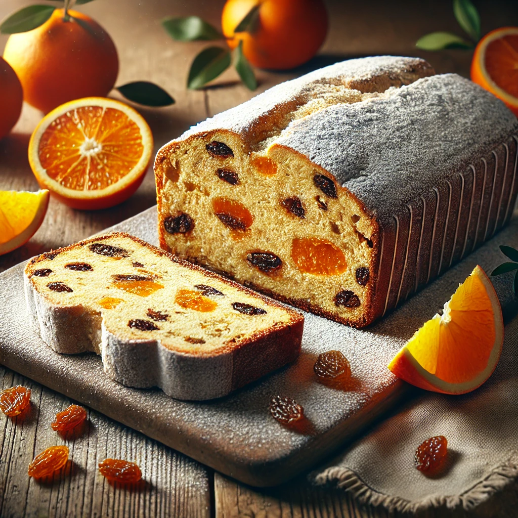 Házi készítésű narancsos-marcipános stollen szeletelve, friss porcukorral a tetején
