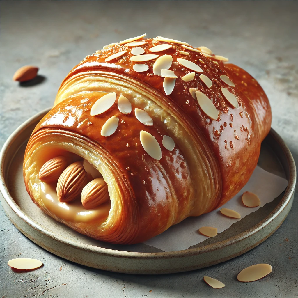 Marcipánmasszával és mandulapehellyel töltött, aranybarna croissant