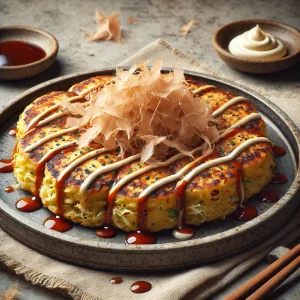 Hagyományos japán Okonomiyaki káposztával és baconnel