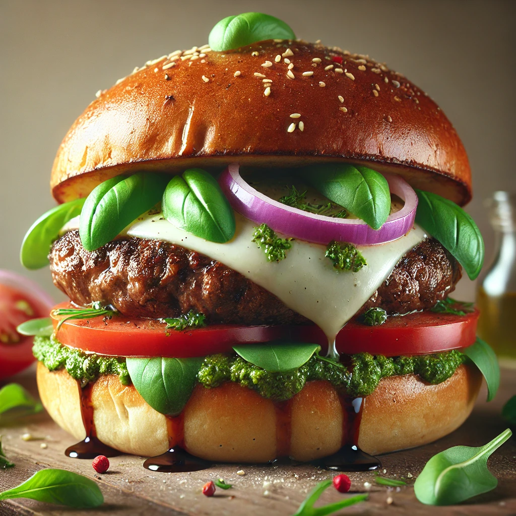 Házi készítésű, mediterrán fűszerezésű hamburger pestóval és mozzarellával