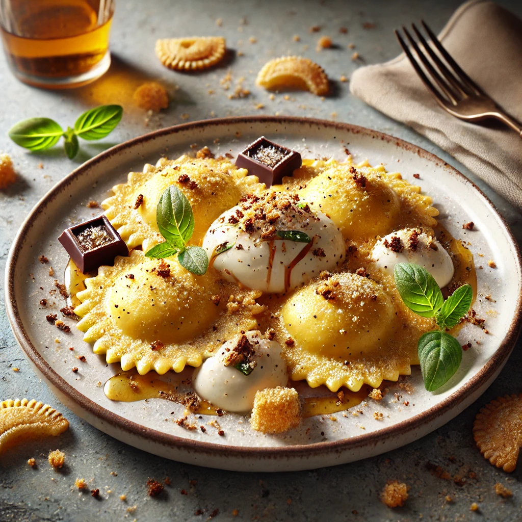 Krémes, édes ravioli amaretti keksszel és mandulalikőrrel töltve