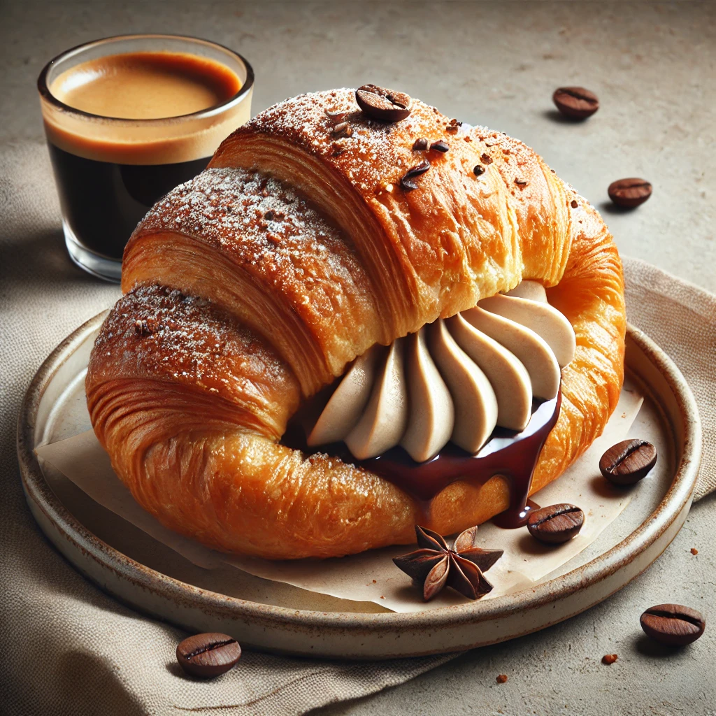 Kávéval és mascarponéval töltött, aranybarna croissant