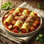 Kolbászos cannelloni paradicsomszósszal és sajttal tálalva