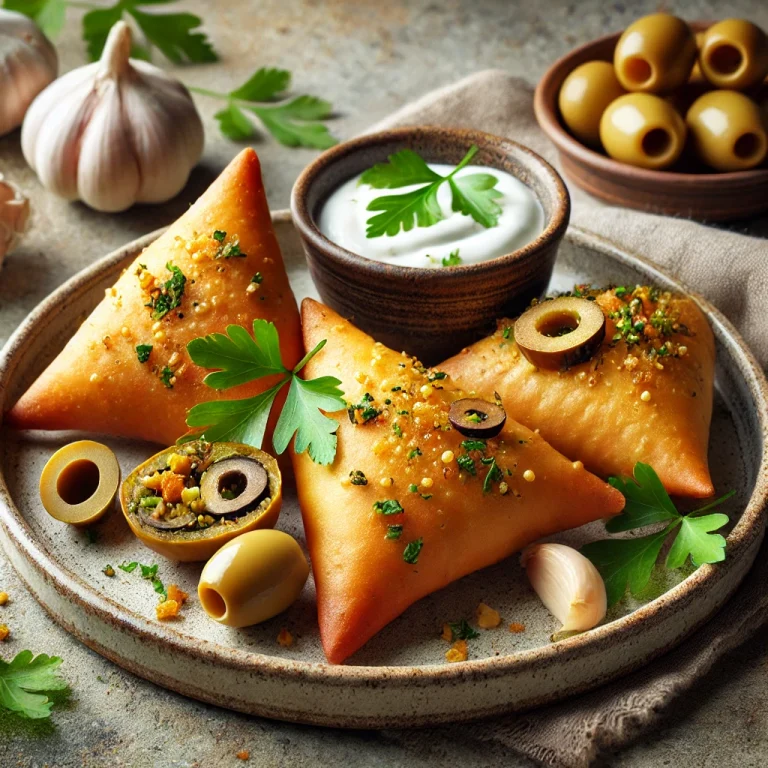 Olívabogyós és fokhagymás samosa tálalva