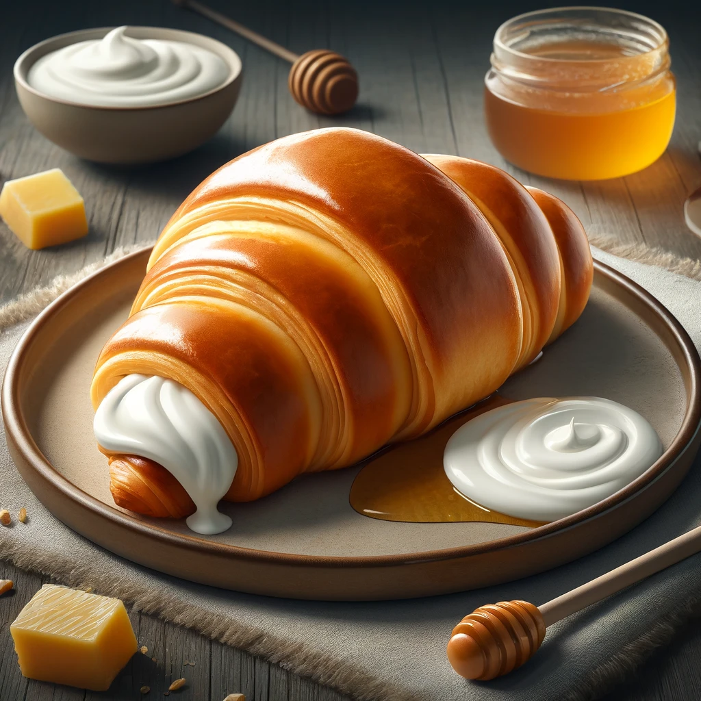 Tejföllel és mézzel töltött, aranybarna croissant
