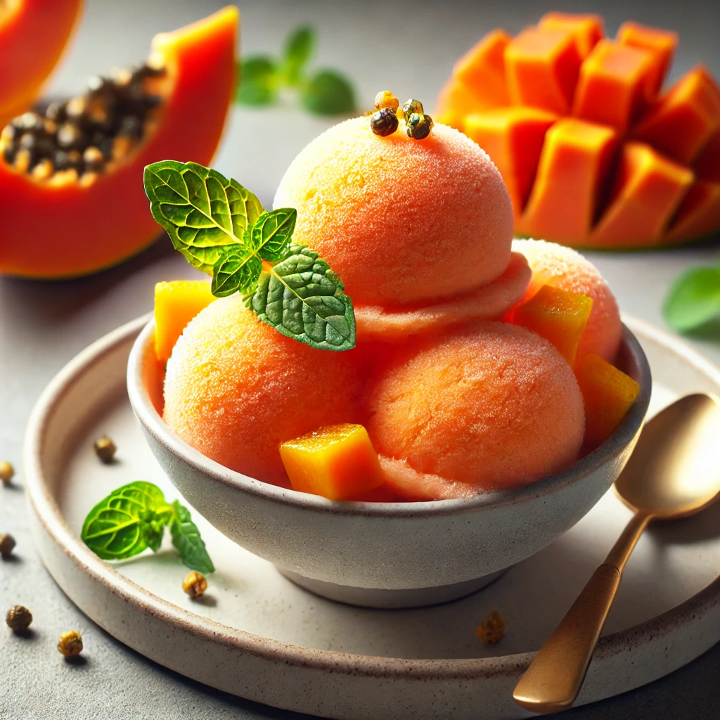 Friss és gyümölcsös házi készítésű papaya sorbet
