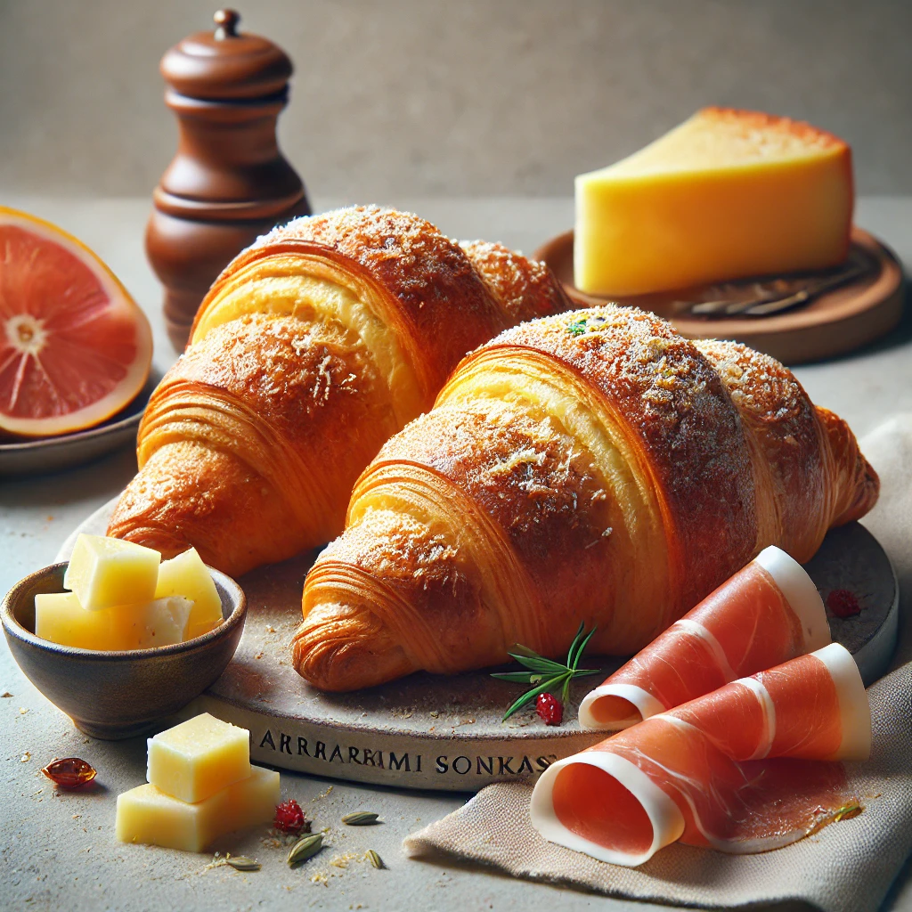 Frissen sült házi pármai sonkás croissant, tökéletes reggelire